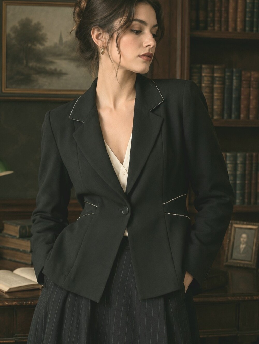 Vintage Dark Academia Quiet Luxury Black Beaded Detail Women's Tailored Blazer